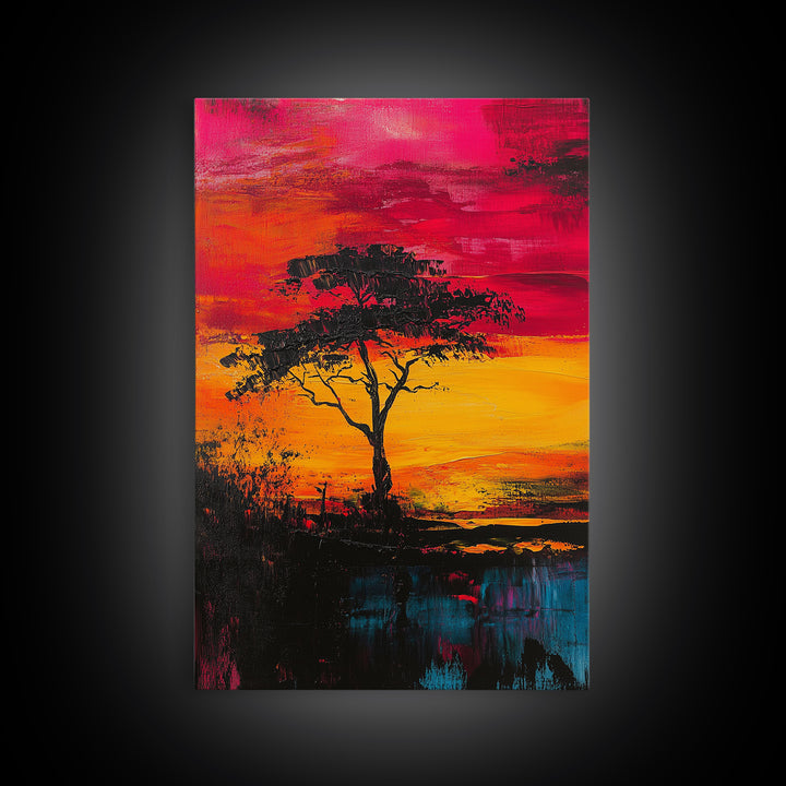 African Sunset Framed Canvas Print | Savanna Landscape Painting | Tree Silhouette Wall Art | Warm Sunset Decor | Rustic Home Art