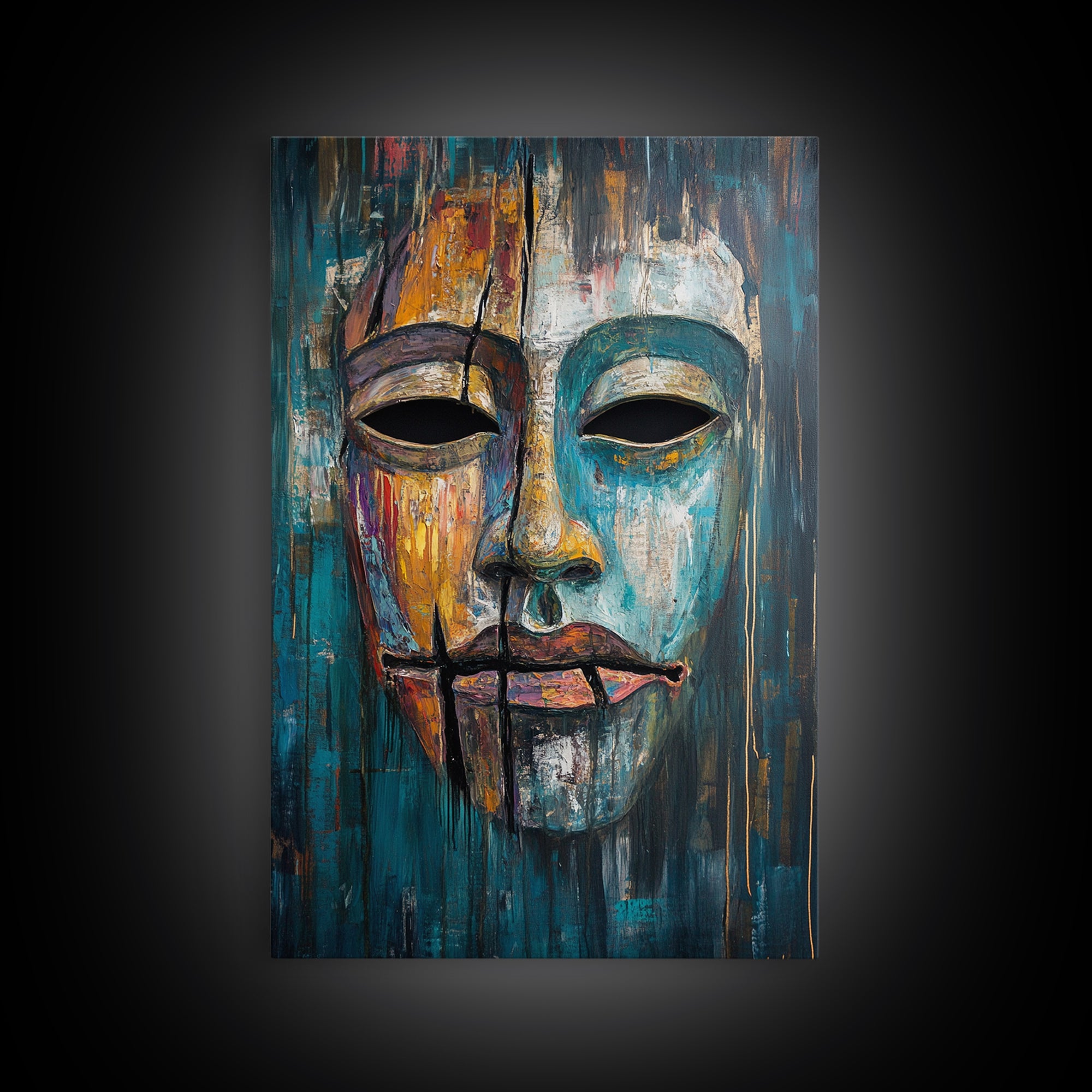 Abstract Mask Art Framed Canvas Print Ethnic Wall Decor Tribal Face Artwork Modern Expressionist Painting Boho Home Aesthetic Living Room