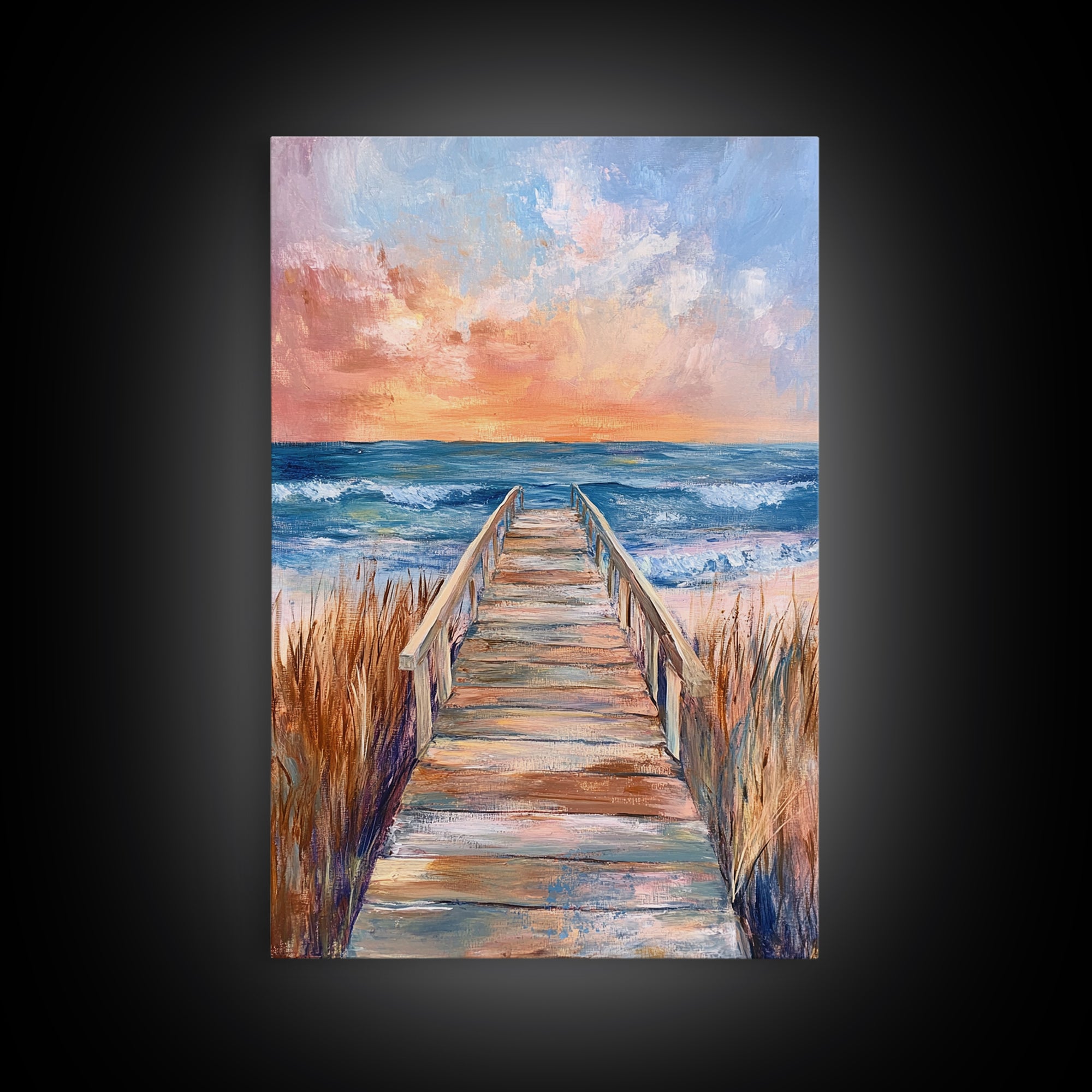 Coastal Sunset, Beach Boardwalk, Seascape Painting, Nautical Wall Art, Coastal Decor, Living Room Art, Canvas Print, Gift Idea