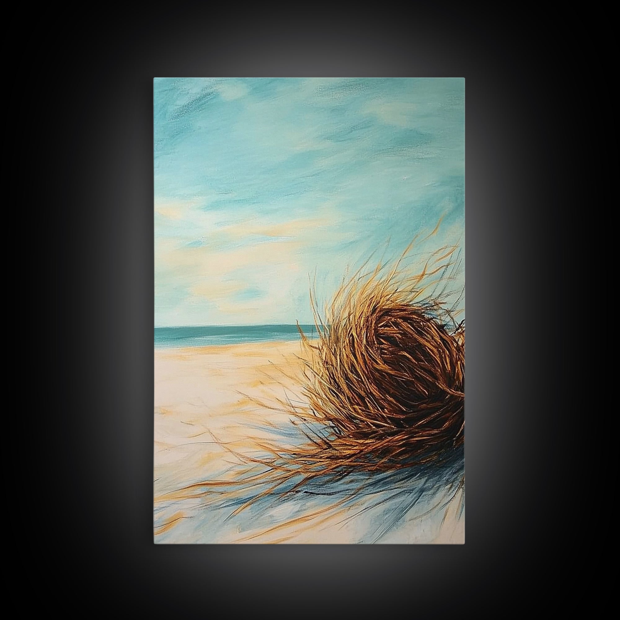 Beach Tumbleweed Painting Framed Canvas Print Coastal Wall Art Ocean Sand Decor Minimalist Art Boho Beach House Wall Accent