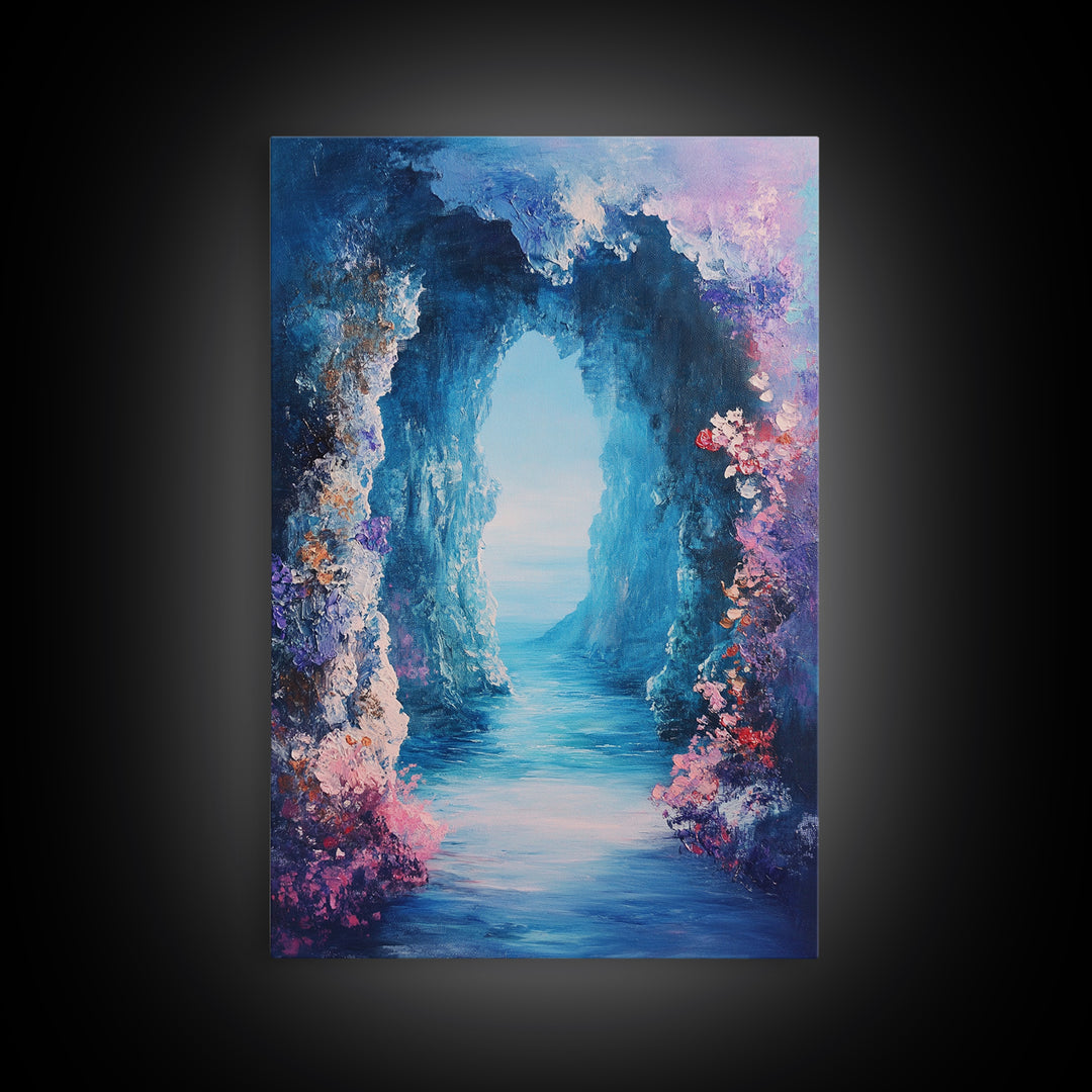 Dreamy Ocean Cave Canvas Print Fantasy Seascape Wall Art Mystical Nature Painting Boho Decor Beach Home Artwork Gift Under 100