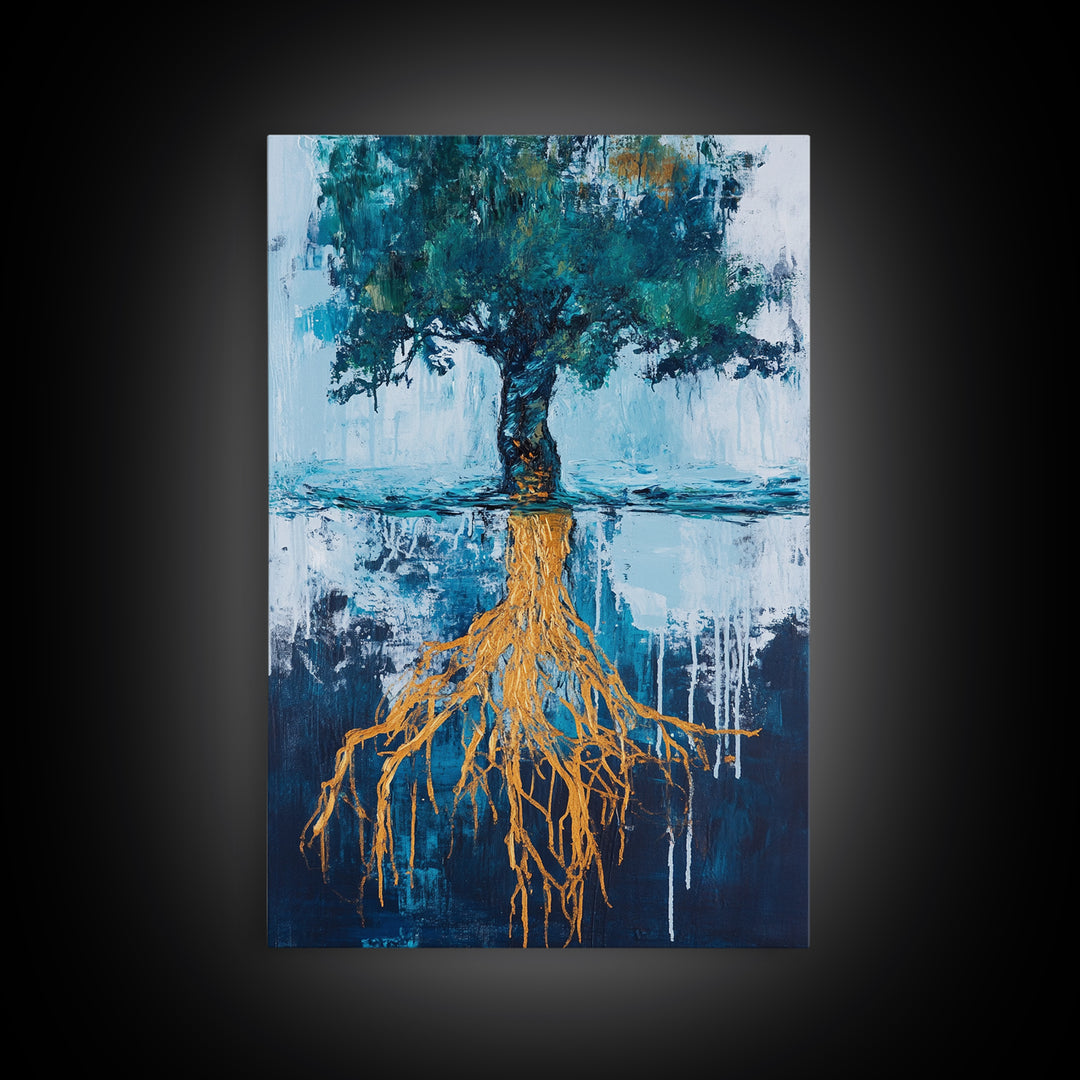 Tree With Golden Roots Canvas Print Surreal Nature Wall Art Abstract Landscape Painting Living Room Decor Earth Tones Artwork