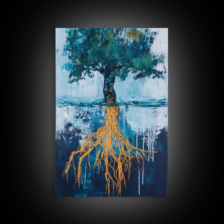 Tree With Golden Roots Canvas Print Surreal Nature Wall Art Abstract Landscape Painting Living Room Decor Earth Tones Artwork