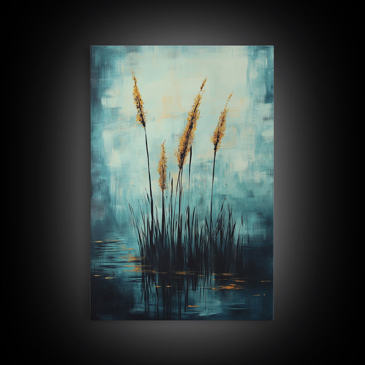 Golden Reeds Framed Canvas Print Minimalist Nature Art Tranquil Landscape Wall Decor Modern Aesthetic Living Room Home Gift