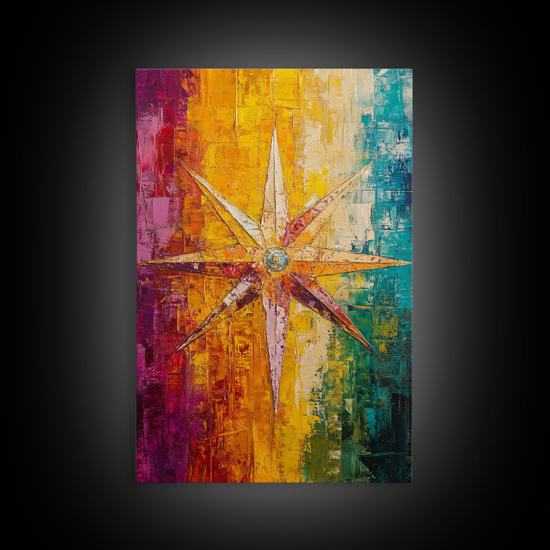 Compass Star Canvas Print Rustic Nautical Wall Art Adventure Decor Travel Lovers Gift Vibrant Abstract Living Room Artwork