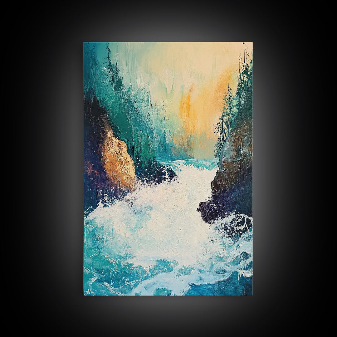 Rushing Waterfall Framed Canvas Print Nature Landscape Wall Art, Wilderness River Painting, Cabin Art, Mountain Stream Artwork