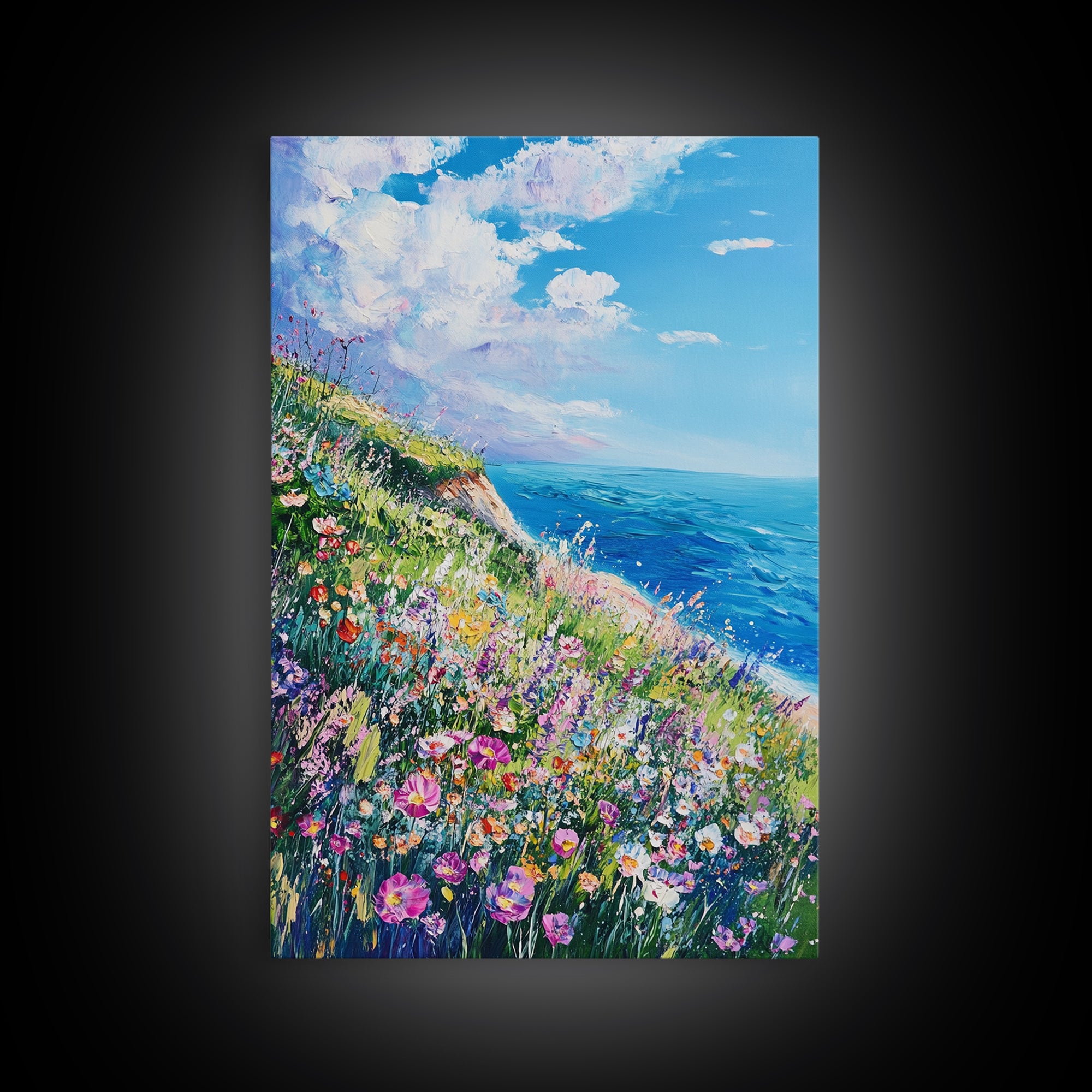 Ocean Cliffside Flowers Framed Canvas Print Coastal Landscape Wall Art, Wildflower Meadow Painting, Beach House Art, Seaside Decor