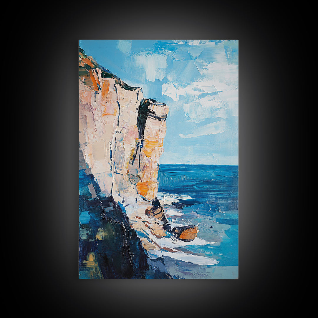 Coastal Cliff Art Framed Canvas Print | Beach Wall Decor | Ocean Landscape Painting | Seaside Home Art | Nautical Wall Art