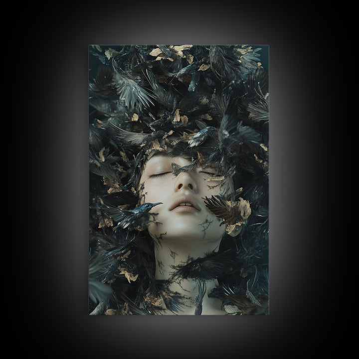 Dark Mystic Bird Canvas Print - Surreal Gothic Art, Moody Wall Decor, Dramatic Dreamscape Painting, Black Feather Fantasy Artwork