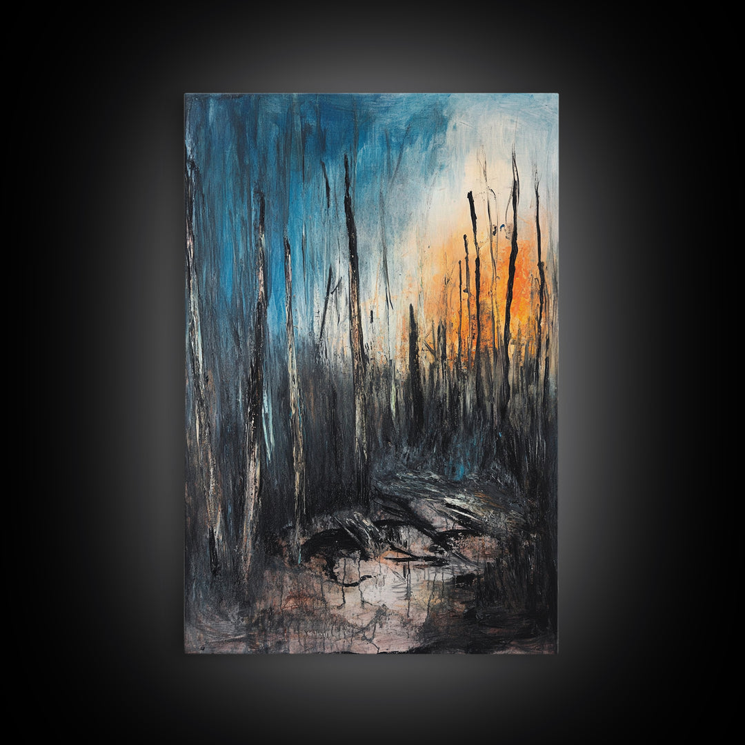 Burnt Forest, Forest At Dusk Painting, Moody Art, Nature Wall Art, Dark Landscape Painting, Abstract Forest Art, Framed Canvas Print