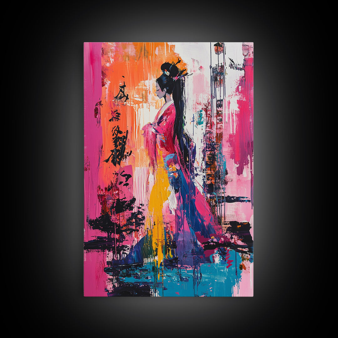Abstract Geisha, Colorful Woman Art, Japanese Painting, Wabi Sabi Art, Boho Art, Pink Wall Art, Framed Canvas Print, Gift Idea