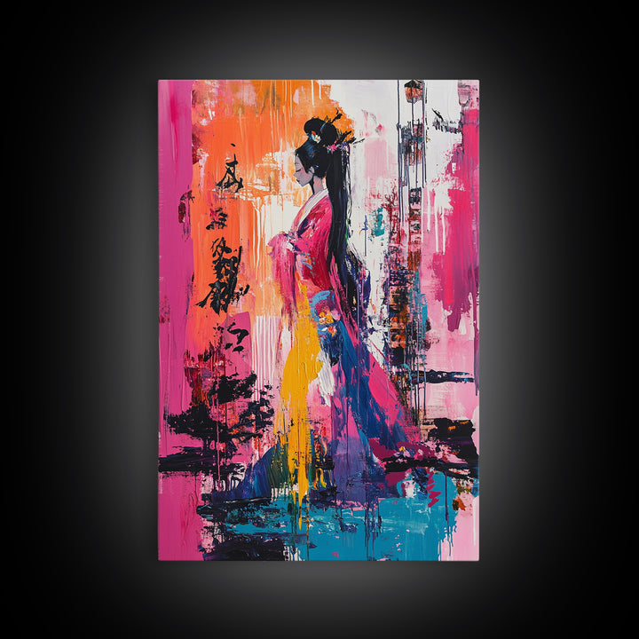 Abstract Geisha, Colorful Woman Art, Japanese Painting, Wabi Sabi Art, Boho Art, Pink Wall Art, Framed Canvas Print, Gift Idea