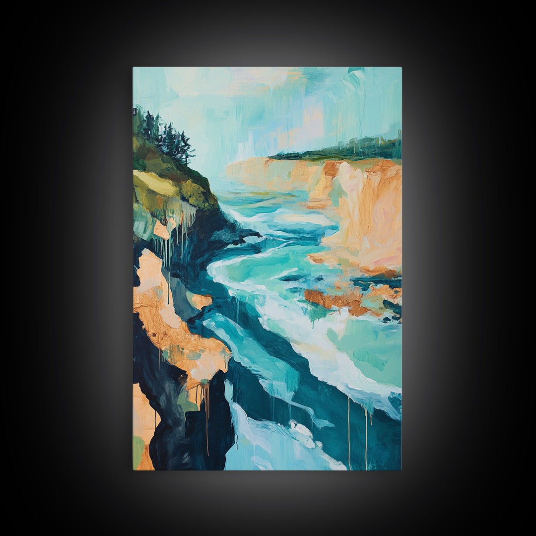 Coastal Cliffs, Nautical Painting, Seascape Painting, Rustic Decor, Extra Wide Art, Above Bed Wall Art, Framed Canvas Print