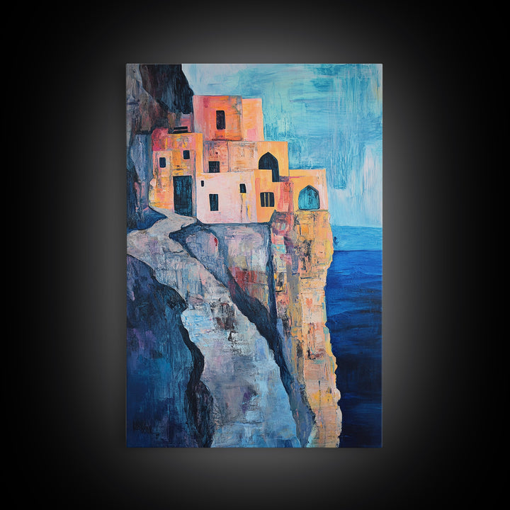 Cliffside Village, Mediterranean Art, Coastal Wall Art, Seascape Painting, Boho Art, Rustic Wall Art, Framed Canvas Print