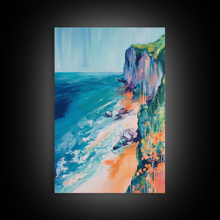 Ocean Cliffs, Coastal Decor, Nautical Wall Art, Landscape Painting, Seascape Painting, California Poppy Art, Canvas Print