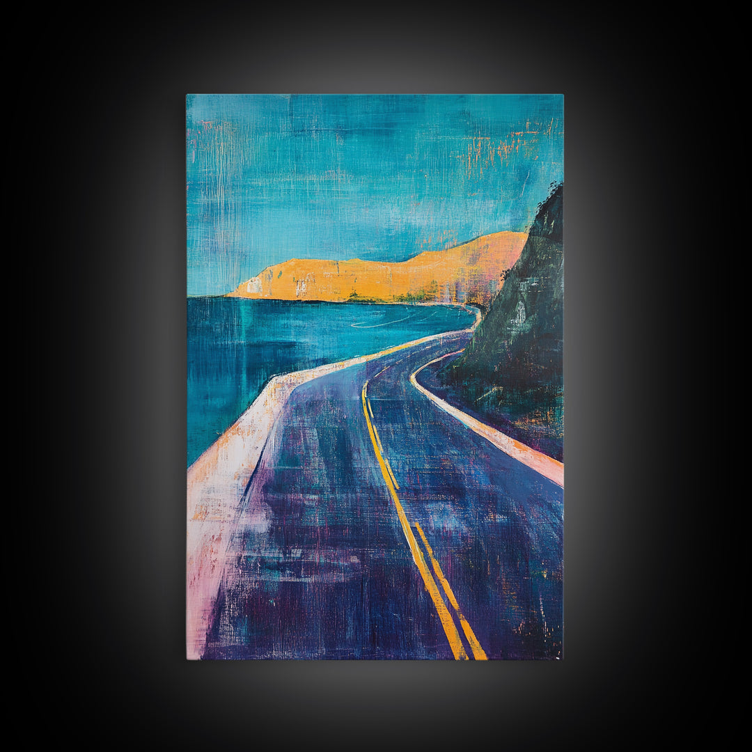 Coastal Highway, surf wall art, coastal decor, scenic road painting, living room art, minimalist art, Framed Canvas Print, gift idea