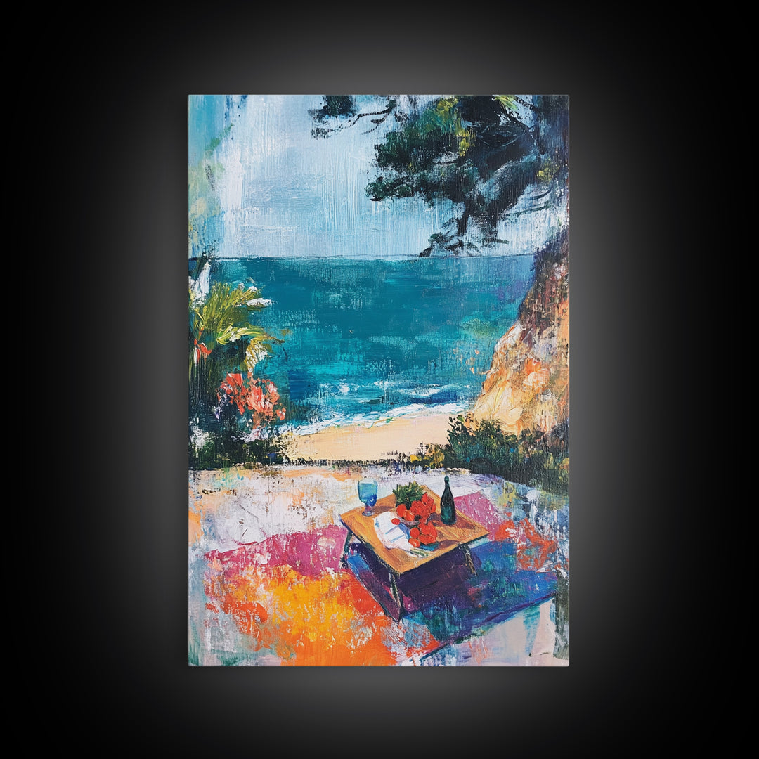 Beach Picnic, coastal cowgirl wall art, nautical decor, food review kitchen art, ocean view, tropical art, Framed Canvas Print, gift idea