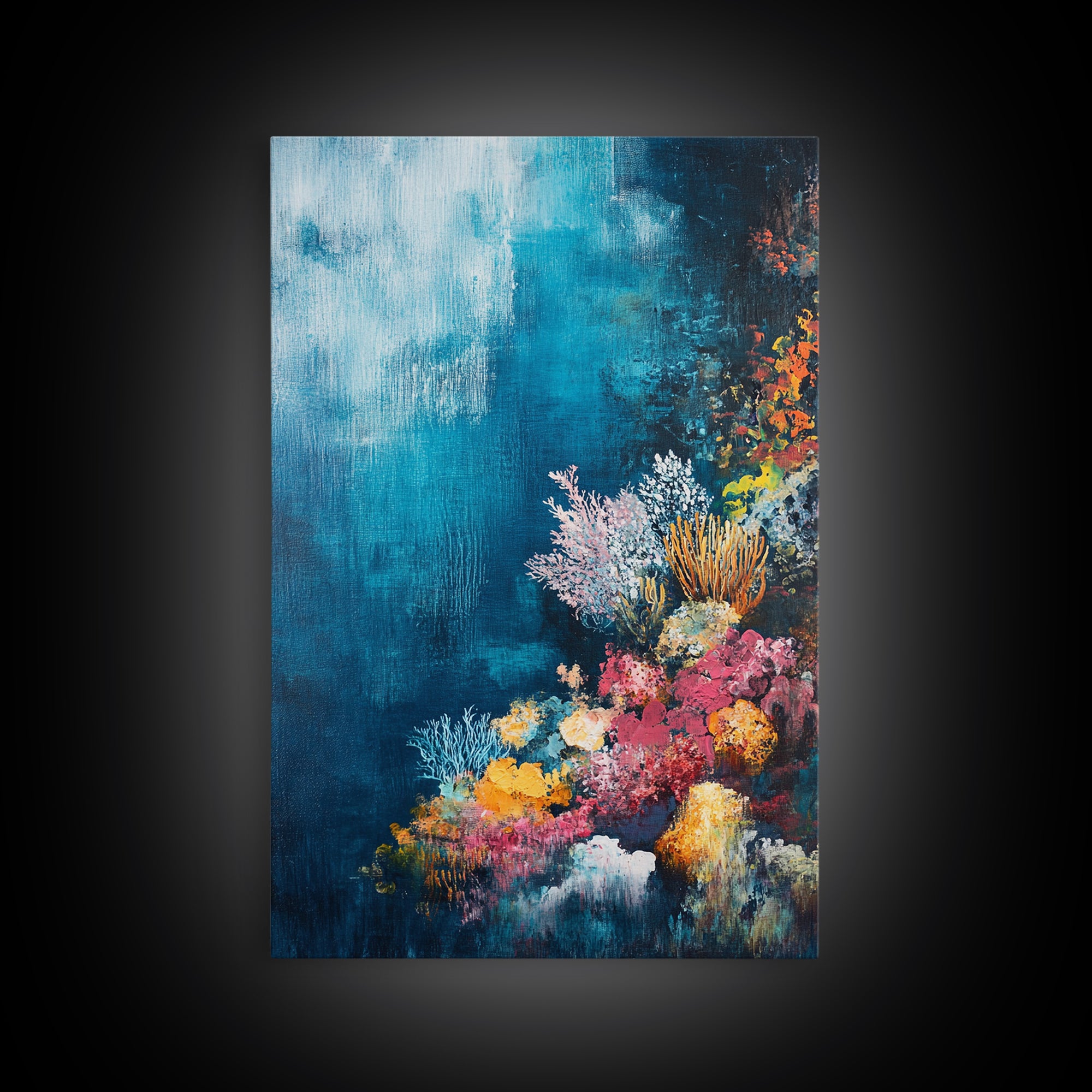 Deep Sea Coral, ocean painting, nautical decor, coastal wall art, blue and green wall art, above sofa art, Framed Canvas Print, gift idea