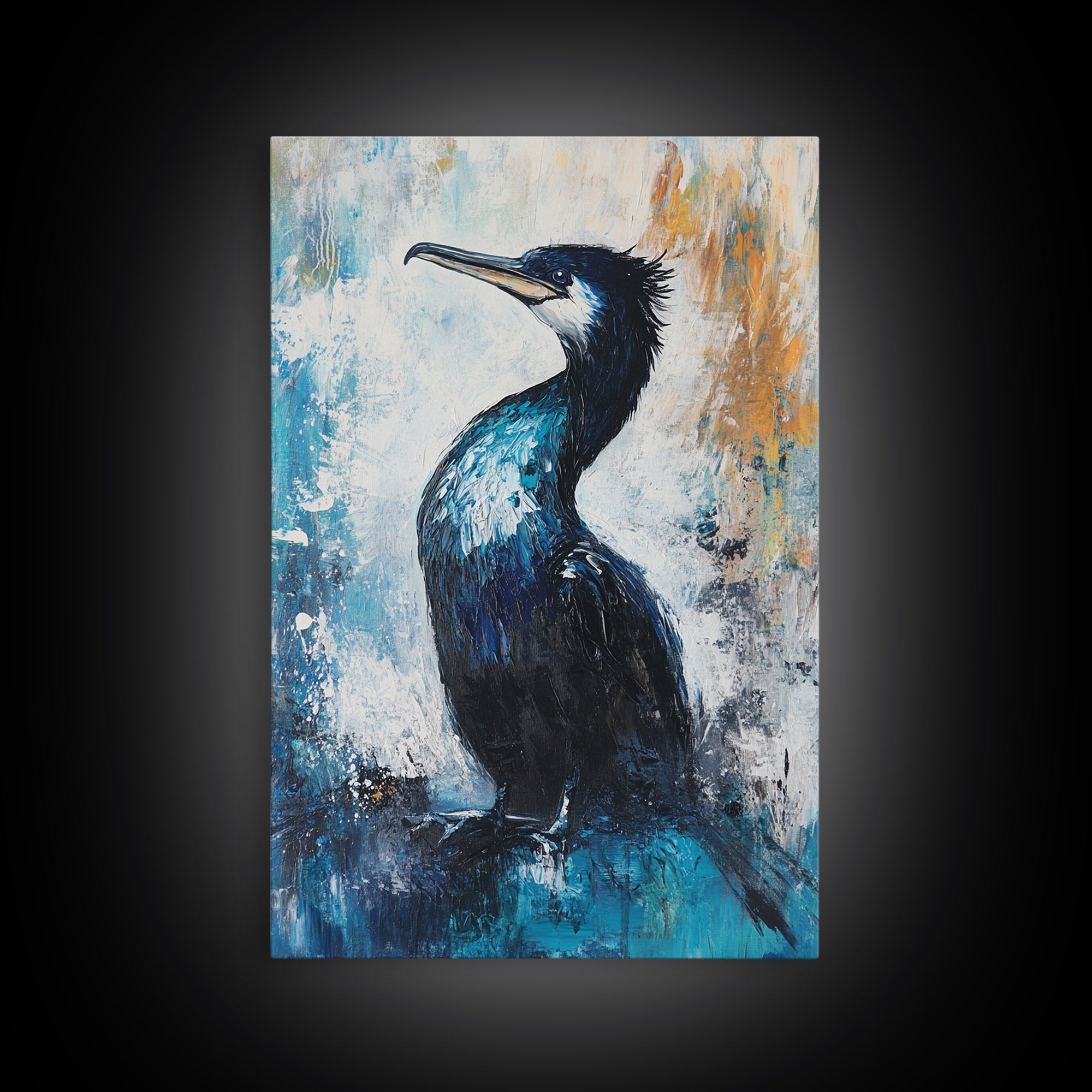 Blue Heron, bird art, rustic wall art, coastal landscape art, moody art, wildlife painting, Framed Canvas Print, nature-inspired decor