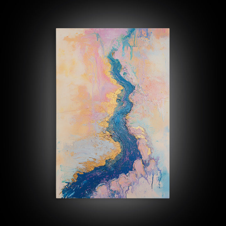 River Gold, gemstone painting, abstract landscape painting, pastel wall art, wabi sabi wall art, Framed Canvas Print, gift idea for her