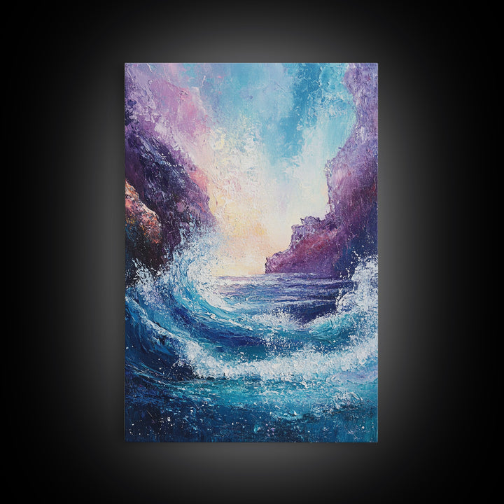 ocean waves, coastal painting, framed canvas print, seascape painting, nautical wall art, beach decor, extra wide art, gift idea