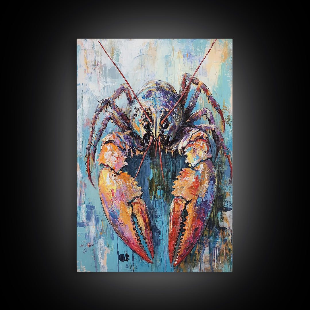 crayfish painting, rustic wall art, framed canvas print, nautical decor, seafood kitchen art, Maine oil painting, farmhouse art