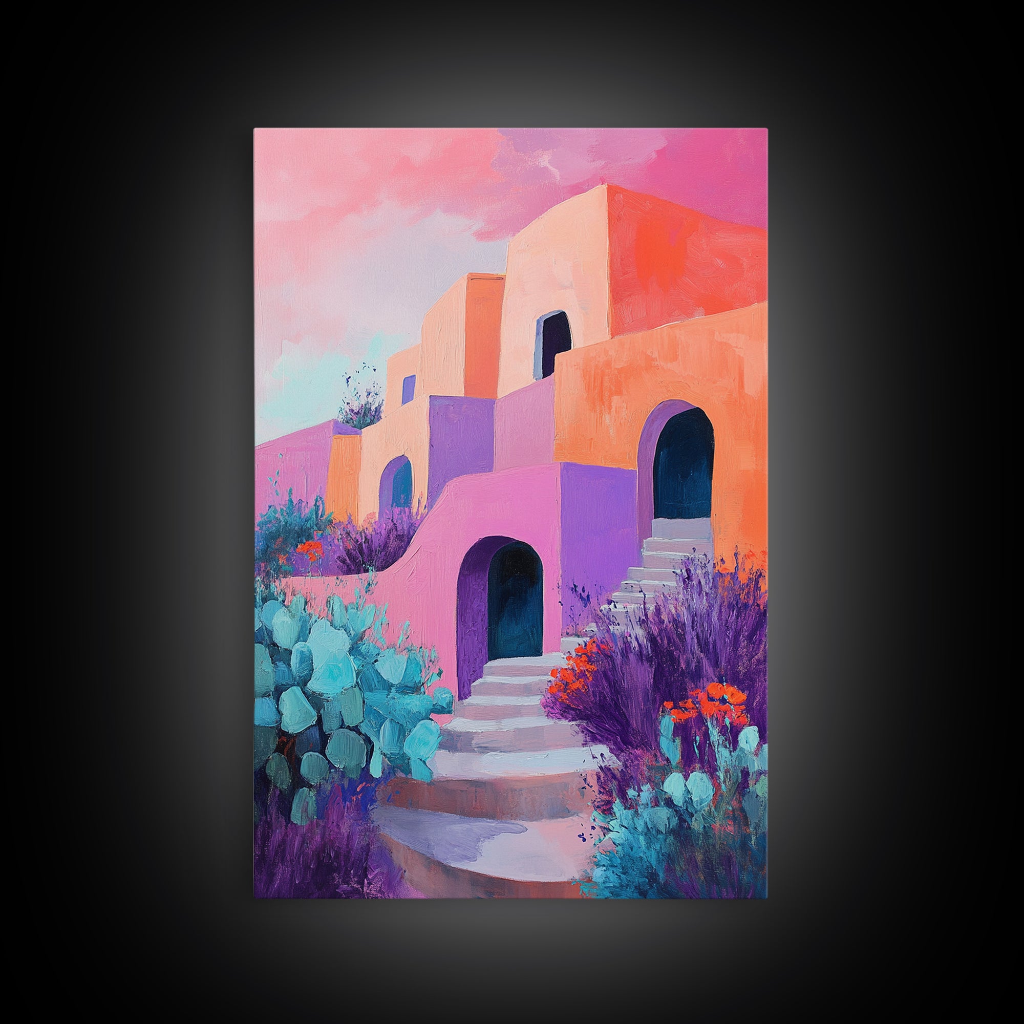 Desert House, Southwest Art, Colorful Adobe Painting, Boho Wall Art, Pink Orange Wall Art, Living Room Art, Framed Canvas Print