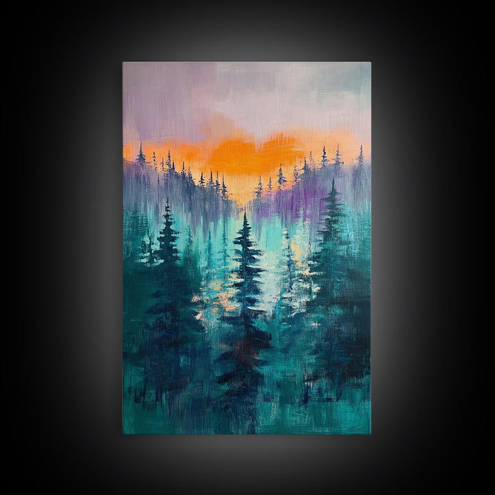 pine tree art, landscape painting, framed canvas print, mountain painting, forest at dusk painting, rustic wall art, gift idea