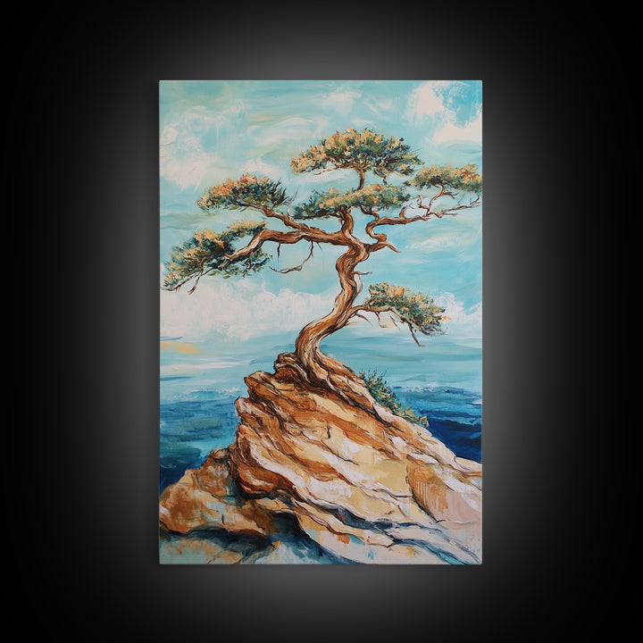 Bonsai Cliff, Pine Tree Art, Coastal Landscape Art, Nautical Decor, Coastal Wall Art, Canvas Print, Living Room Art, Gift Idea