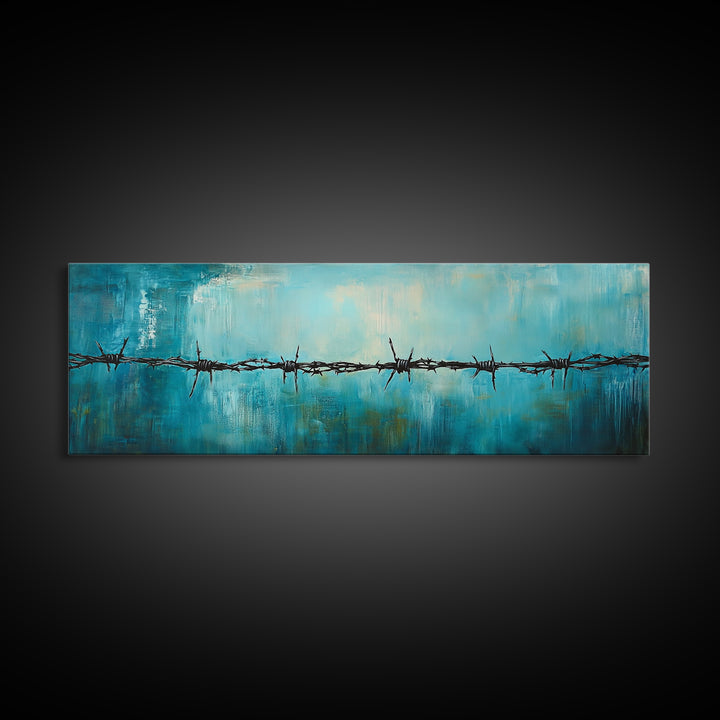 Barbed Wire Minimalist Painting, Blue and Black Modern Wall Art, Industrial Urban Aesthetic, Bold Statement Office, Canvas Print