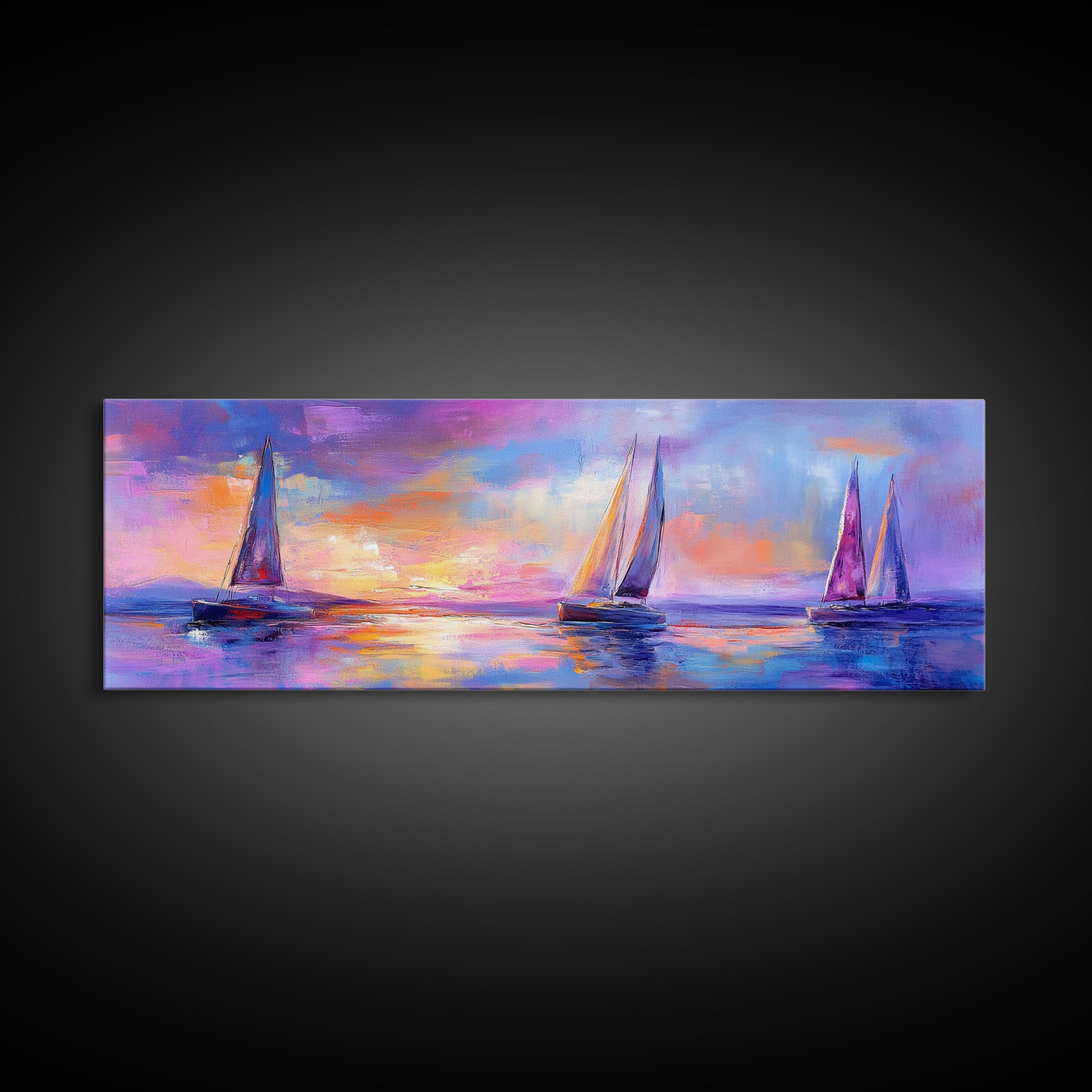 Sailboats at Sunset Framed Canvas Print Nautical Wall Art, Vibrant Ocean Painting, Coastal Home Decor, Large Living Room Artwork