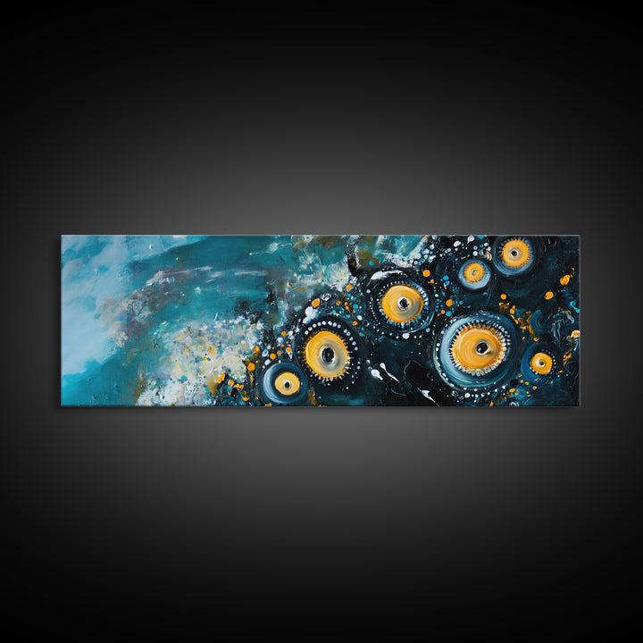 Abstract Cosmic Eye Painting, Modern Celestial Art, Blue and Gold Surreal Wall Decor, Unique Living Room, Framed Canvas Print