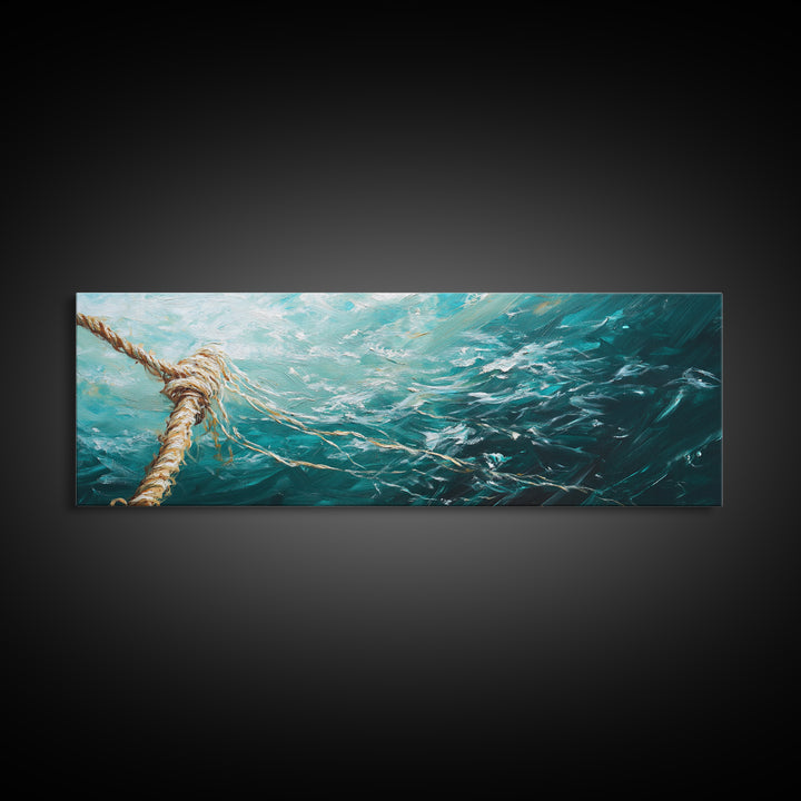 Ocean Rope Waves Canvas Print Nautical Wall Art Beach House Decor Coastal Blue Artwork Framed Seascape Living Room Wall Art