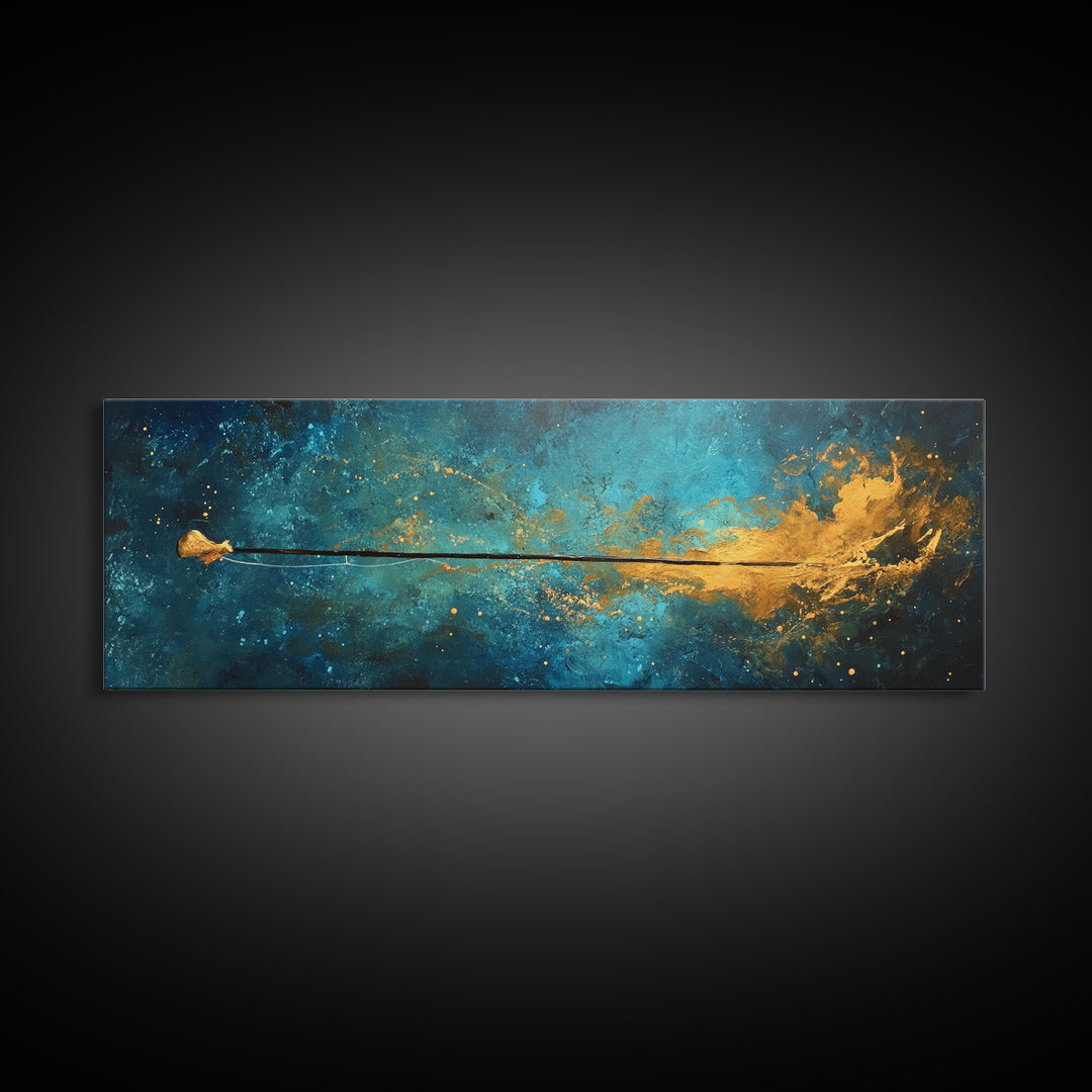 Cosmic Fishing Line Canvas Print Abstract Space Wall Art Gold and Blue Modern Artwork Celestial Decor Living Room Framed Art