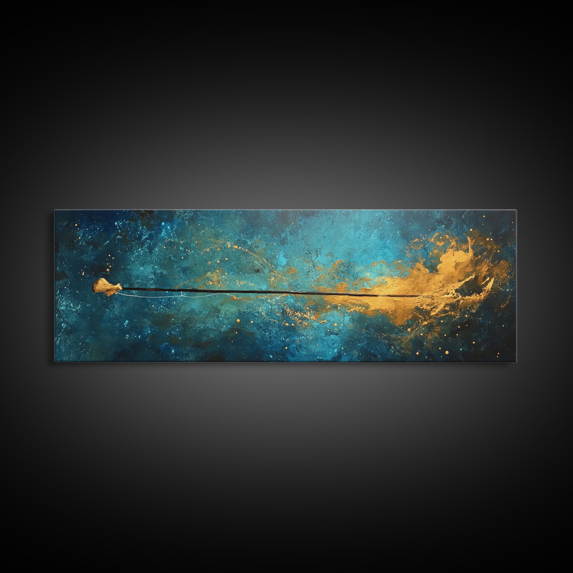 Cosmic Fishing Line Canvas Print Abstract Space Wall Art Gold and Blue Modern Artwork Celestial Decor Living Room Framed Art