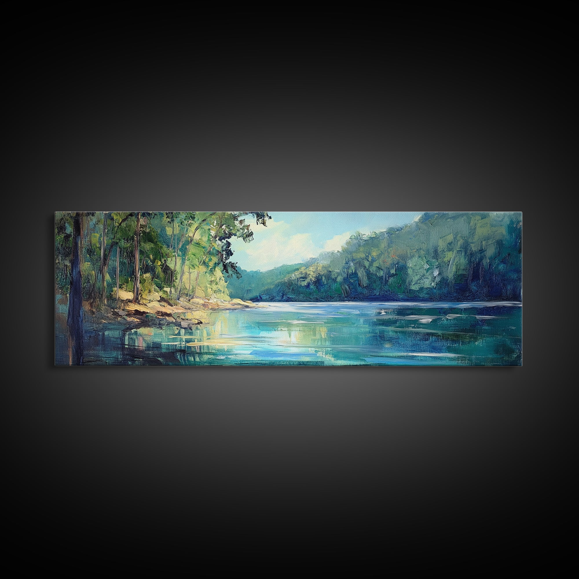 River Valley Framed Canvas Print Tranquil Nature Wall Art, Lush Green Landscape, Summer Cabin Artwork, Rustic Living Room Decor