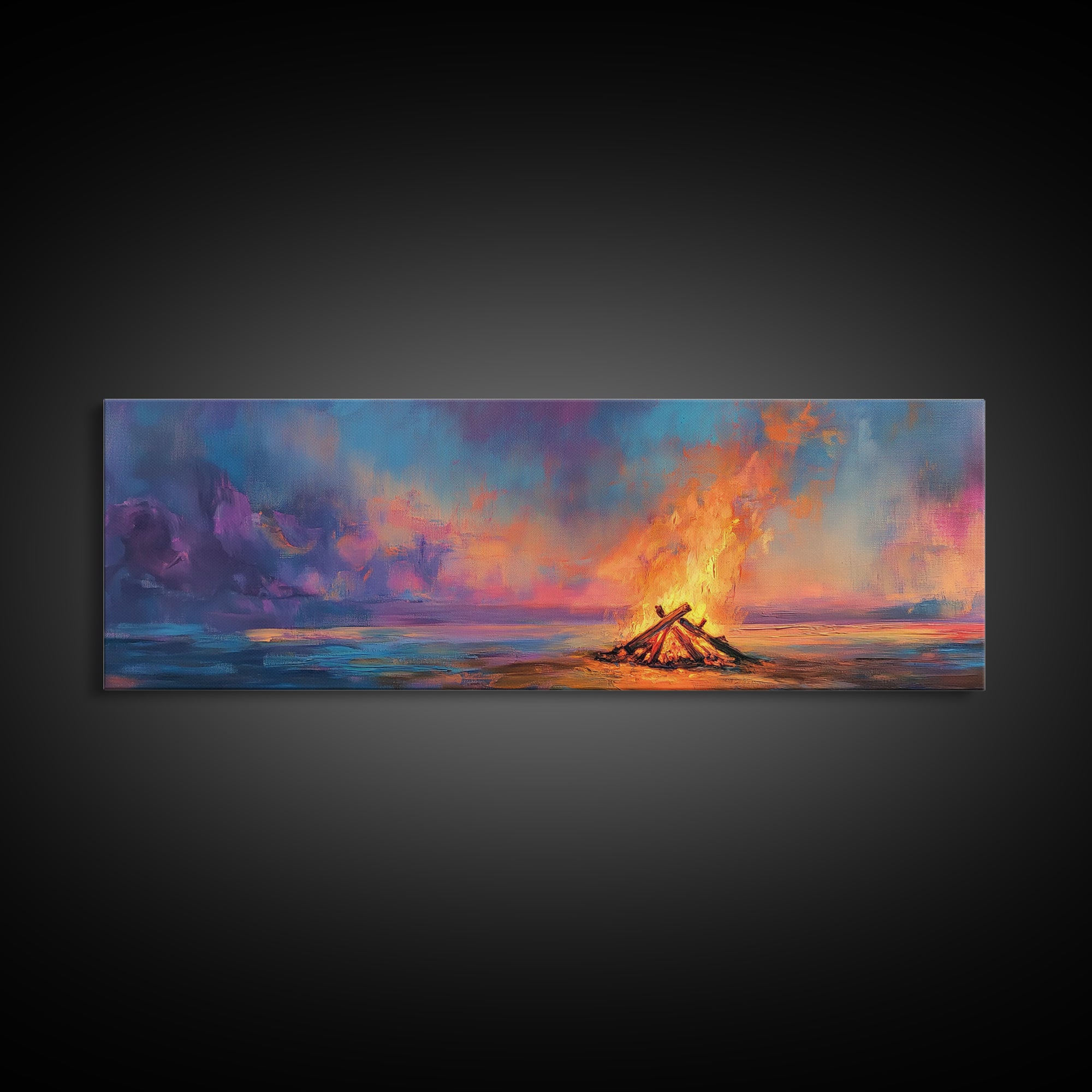 Beach Bonfire Sunset Painting, Vibrant Coastal Seascape Art, Ocean Night Sky Wall Decor, Warm Living Room, Framed Canvas Print
