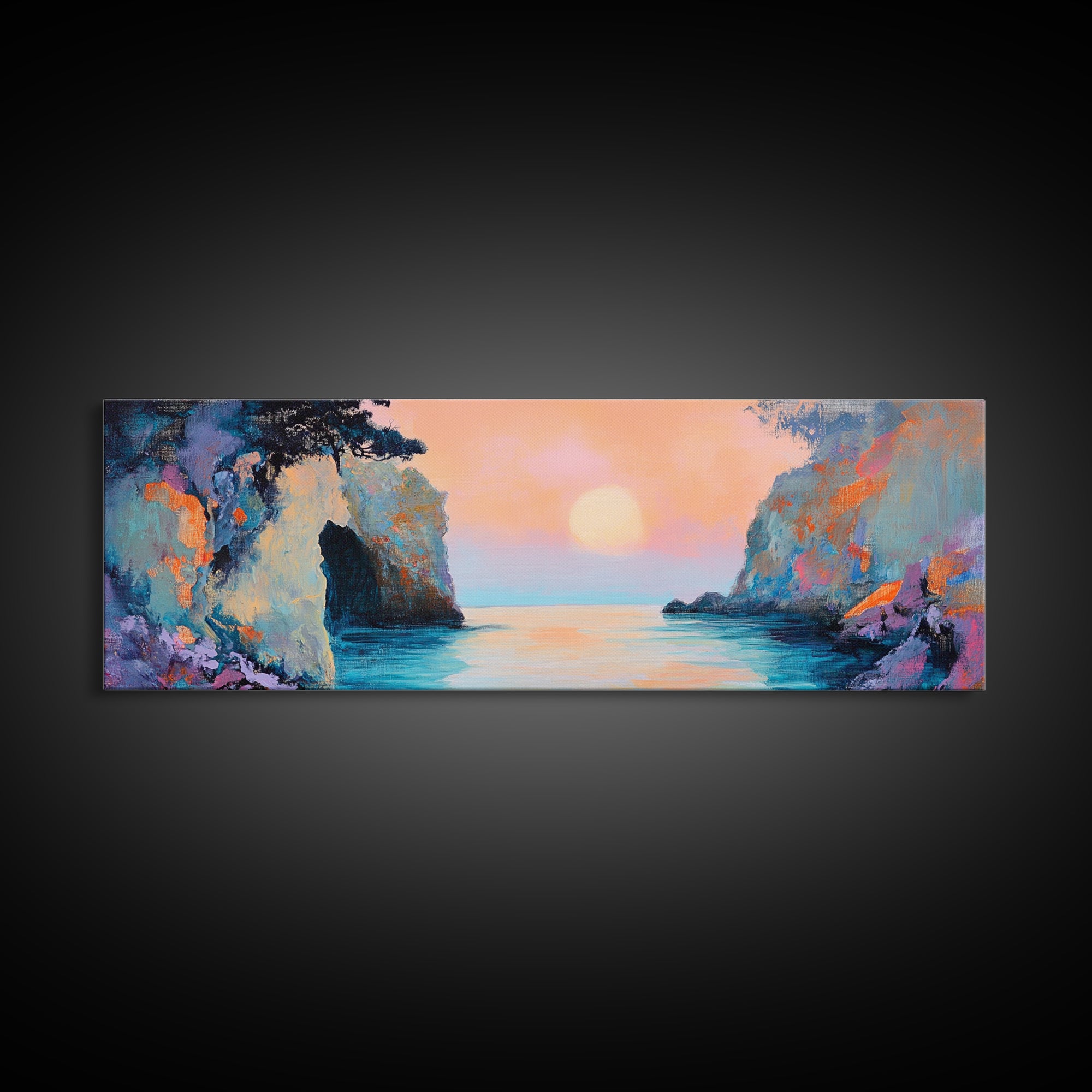 Romantic Sunset Bay Framed Canvas Print Coastal Landscape Wall Art Pastel Tones Boho Home Decor Bedroom Living Room Gift