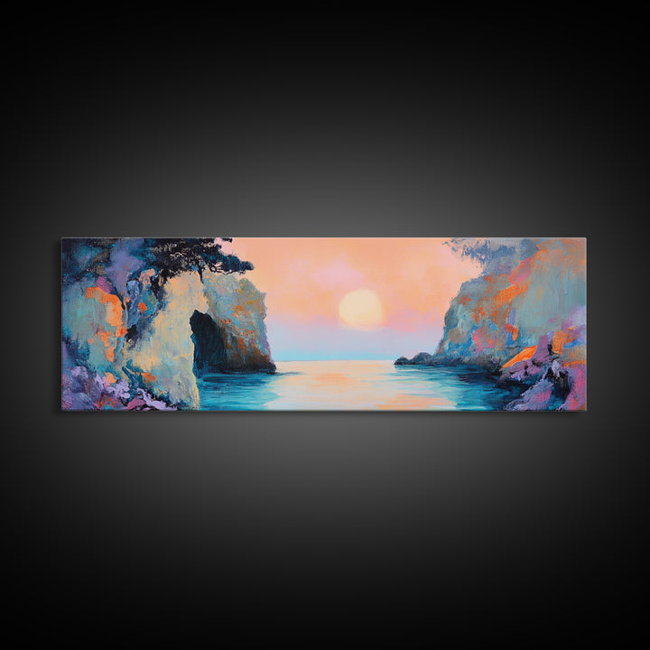 Romantic Sunset Bay Framed Canvas Print Coastal Landscape Wall Art Pastel Tones Boho Home Decor Bedroom Living Room Gift