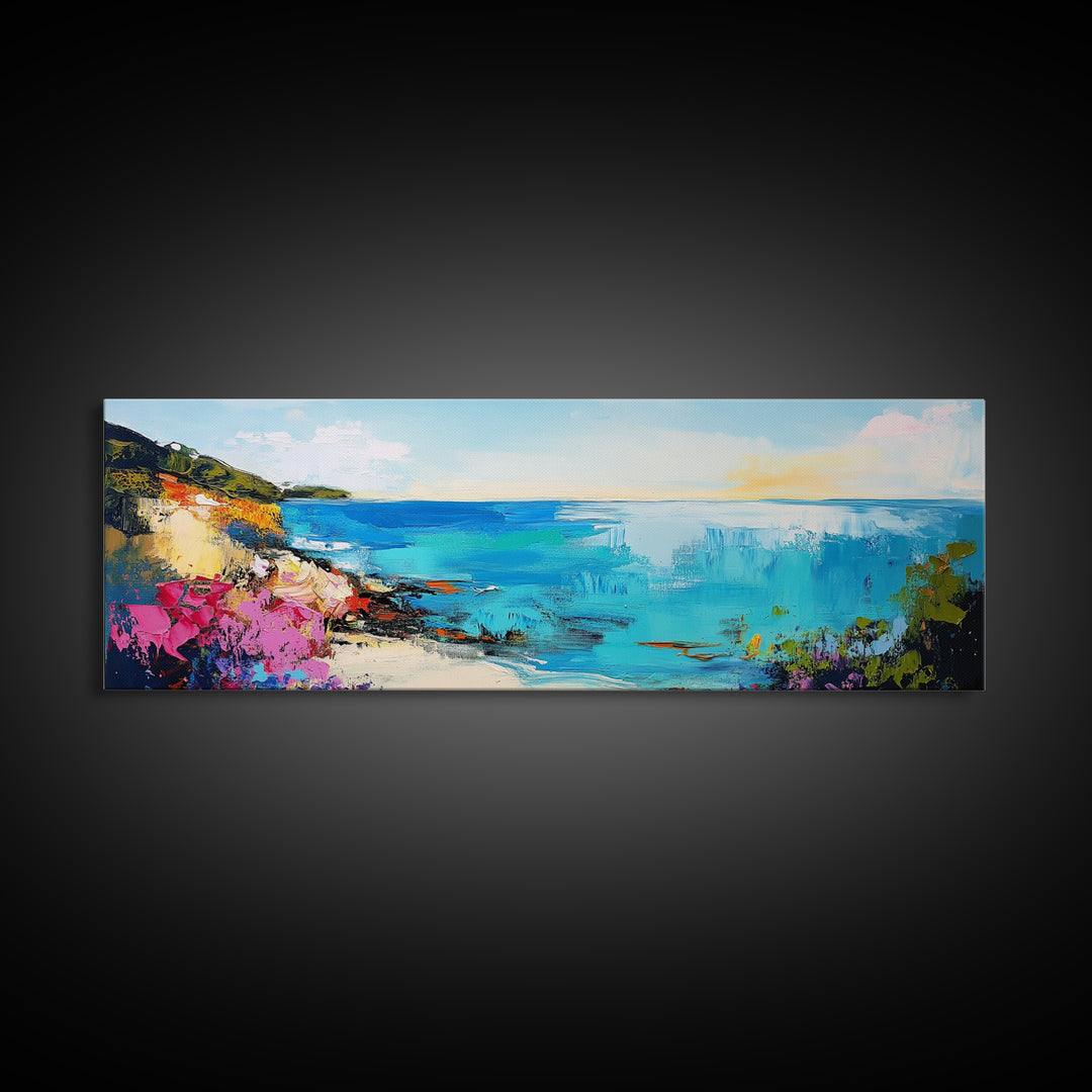 Coastal Cliffside Beauty Framed Canvas Print Impressionist Ocean Wall Art Vibrant Seaside Home Decor Living Room Gift