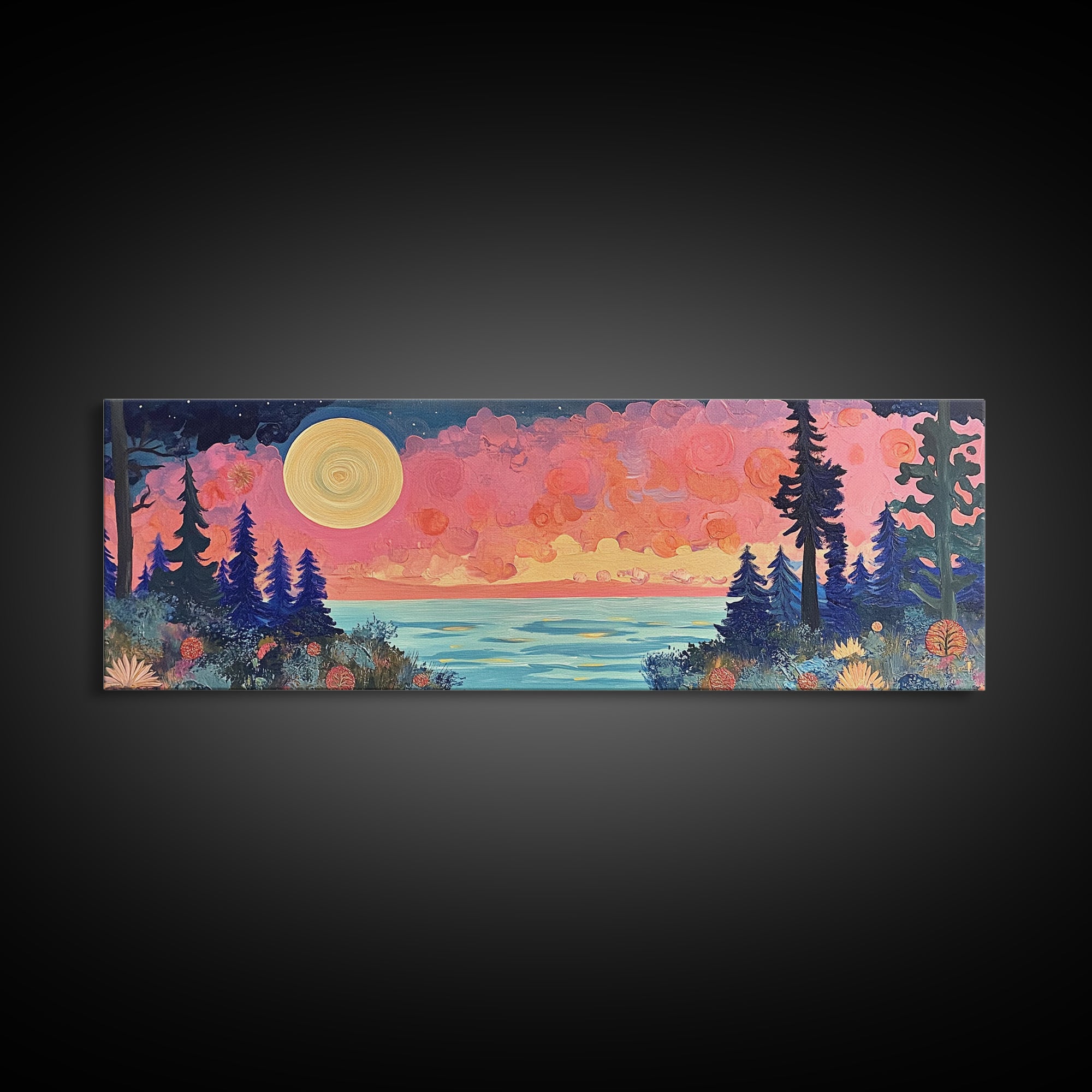 Mystical Moonlight Landscape Framed Canvas Print, Dreamy Forest Art, Boho Sunset Wall Art, Celestial Painting, Living Room Decor