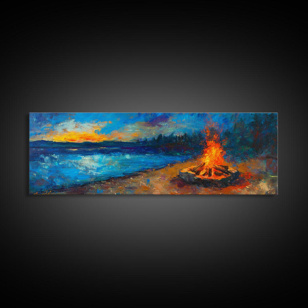 Cozy Campfire Night Painting, Rustic Cabin Decor, Warm Autumn Wall Art, Outdoor Adventure Art, Living Room Wall Art