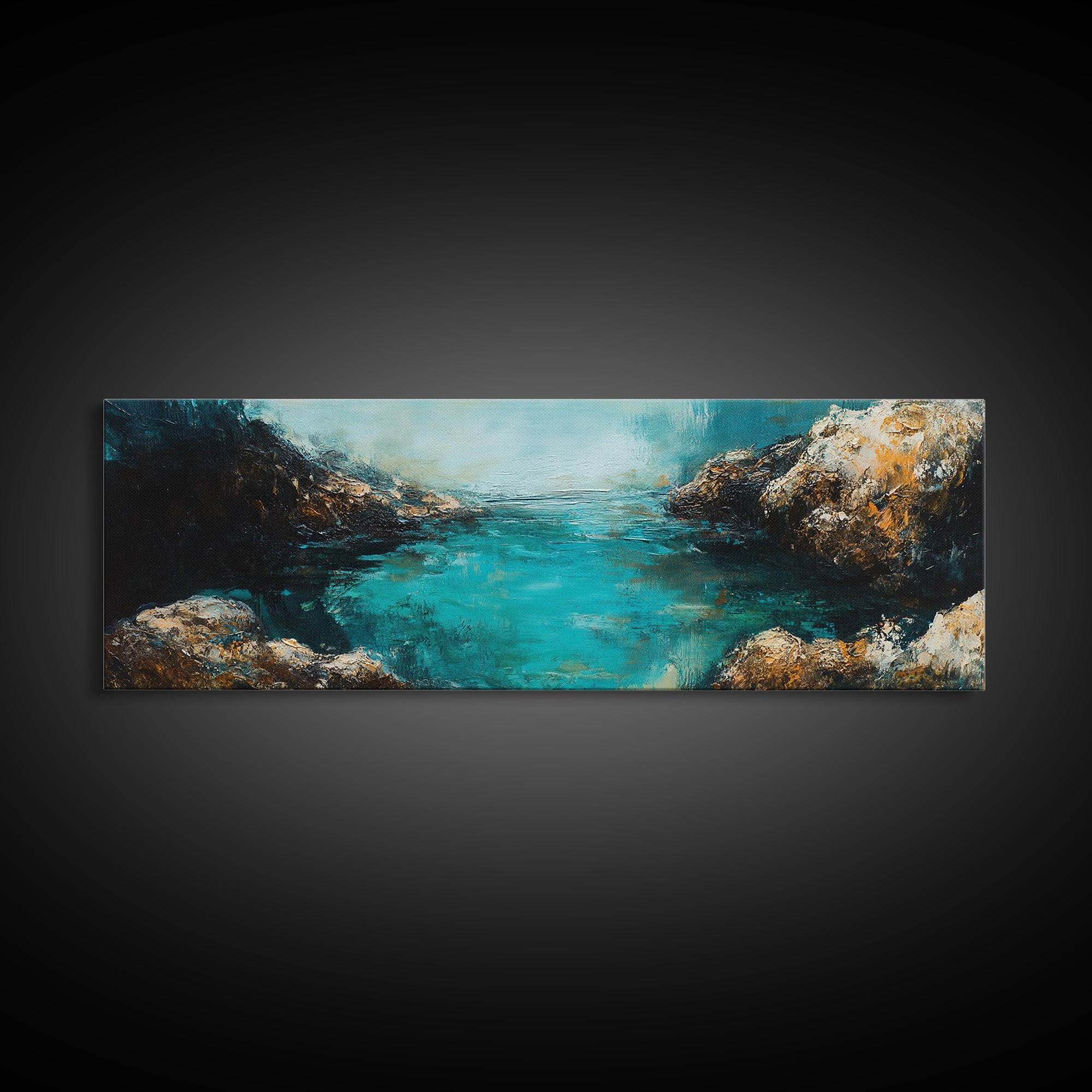 Rocky Cove Ocean Art Framed Canvas Print Textured Seascape Wall Decor Coastal Home Accent Nautical Painting Bedroom or Living Room Gift