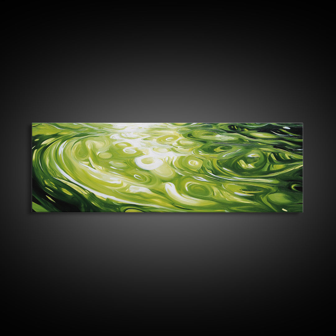 Abstract Green Swirl Painting, Modern Contemporary Wall Art, Nature Inspired Water Reflection, Trendy Office, Framed Canvas Print