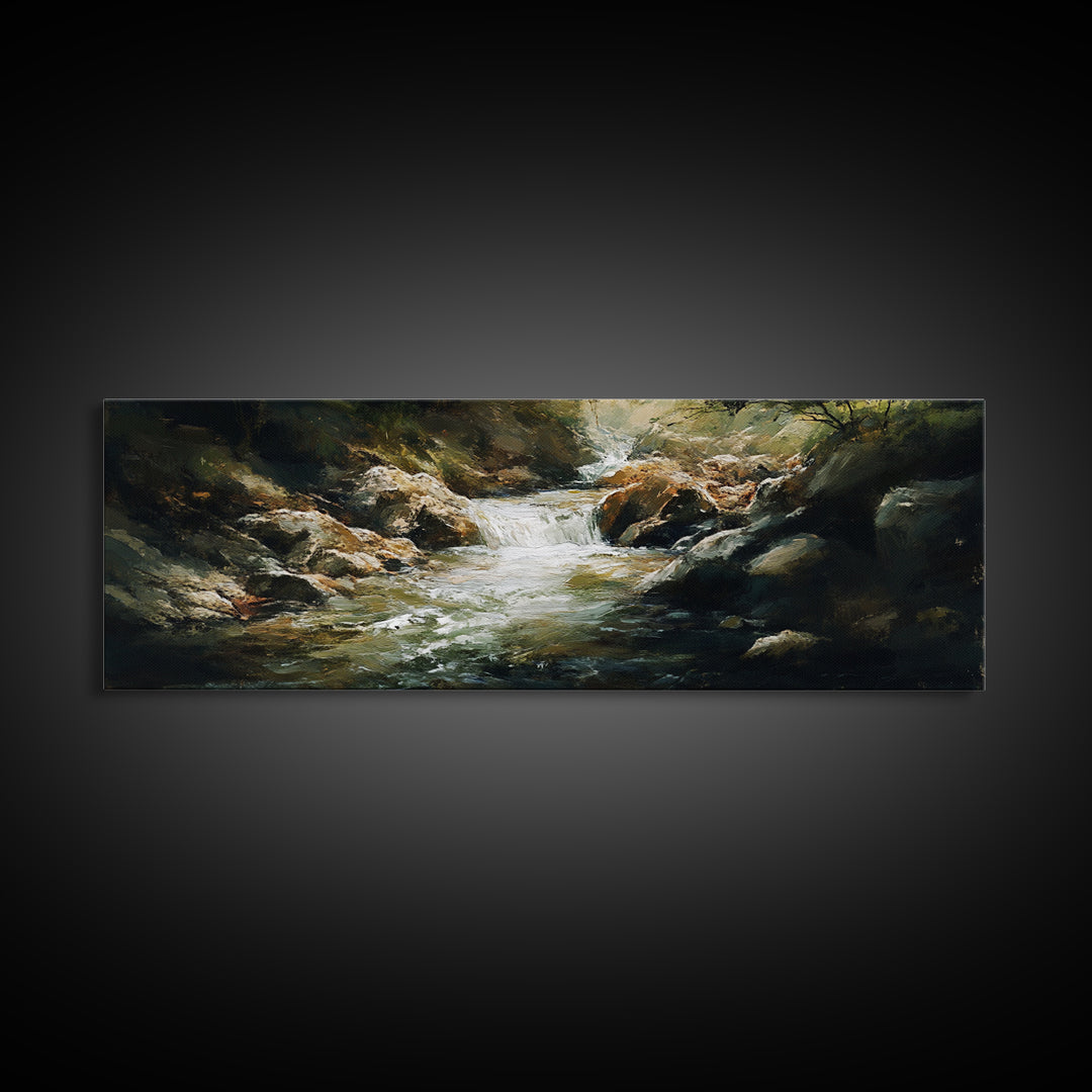 River Rapids Framed Canvas Print Rustic Nature Art, Flowing Water Painting, Cabin Wall Decor, Landscape Artwork, Lodge Decor