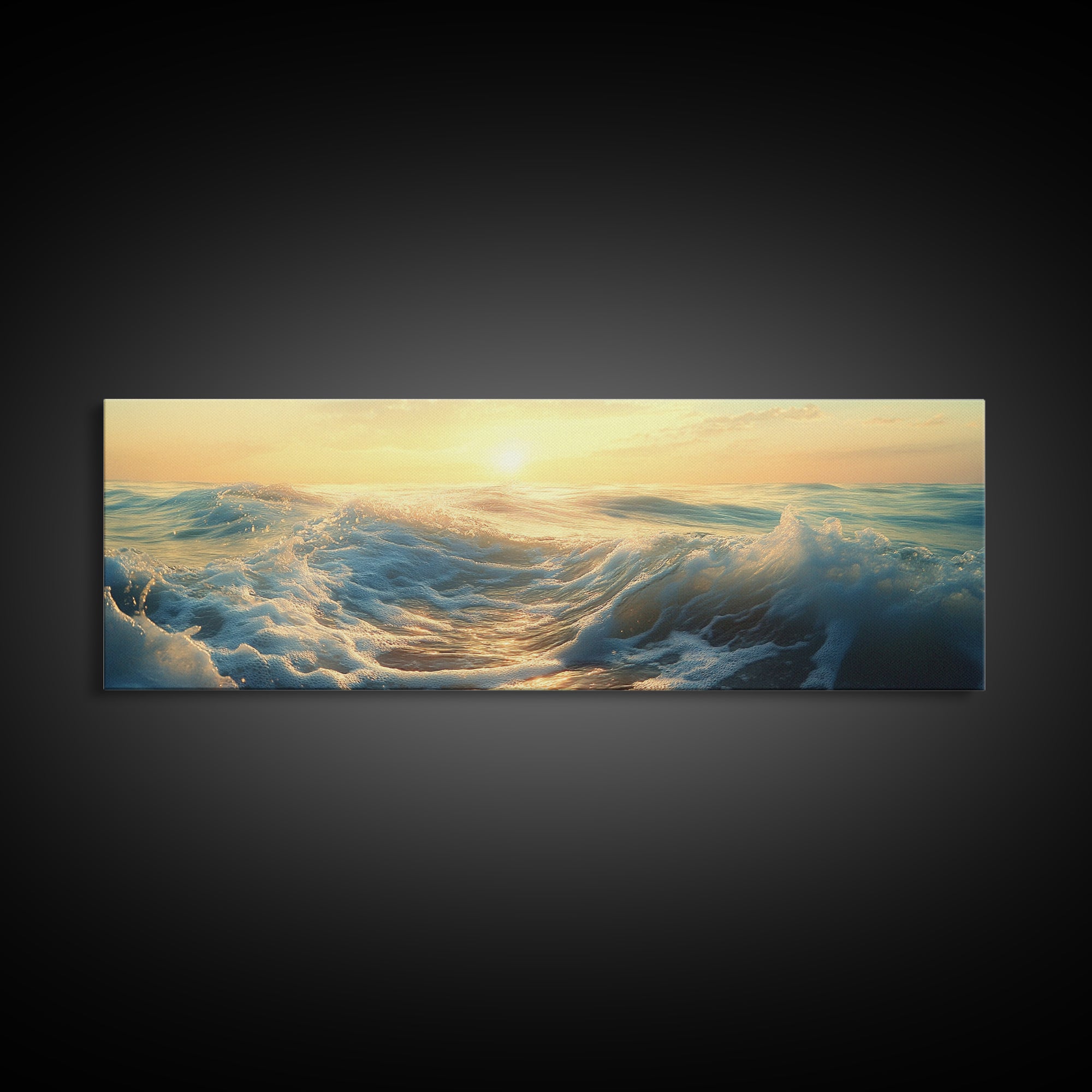 Ocean Sunset Canvas Print Coastal Waves Painting, Golden Horizon Seascape, Nautical Wall Decor, Beach House Art, Bedroom Wall Art
