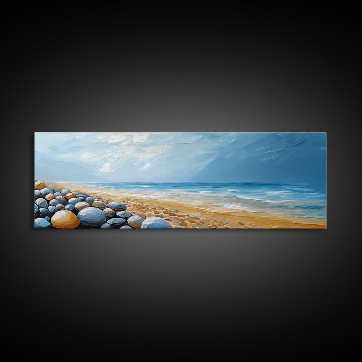 Pebble Beach Seascape Framed Canvas Print Coastal Landscape Wall Art, Serene Ocean Painting, Nautical Bathroom Decor, Minimalist Art