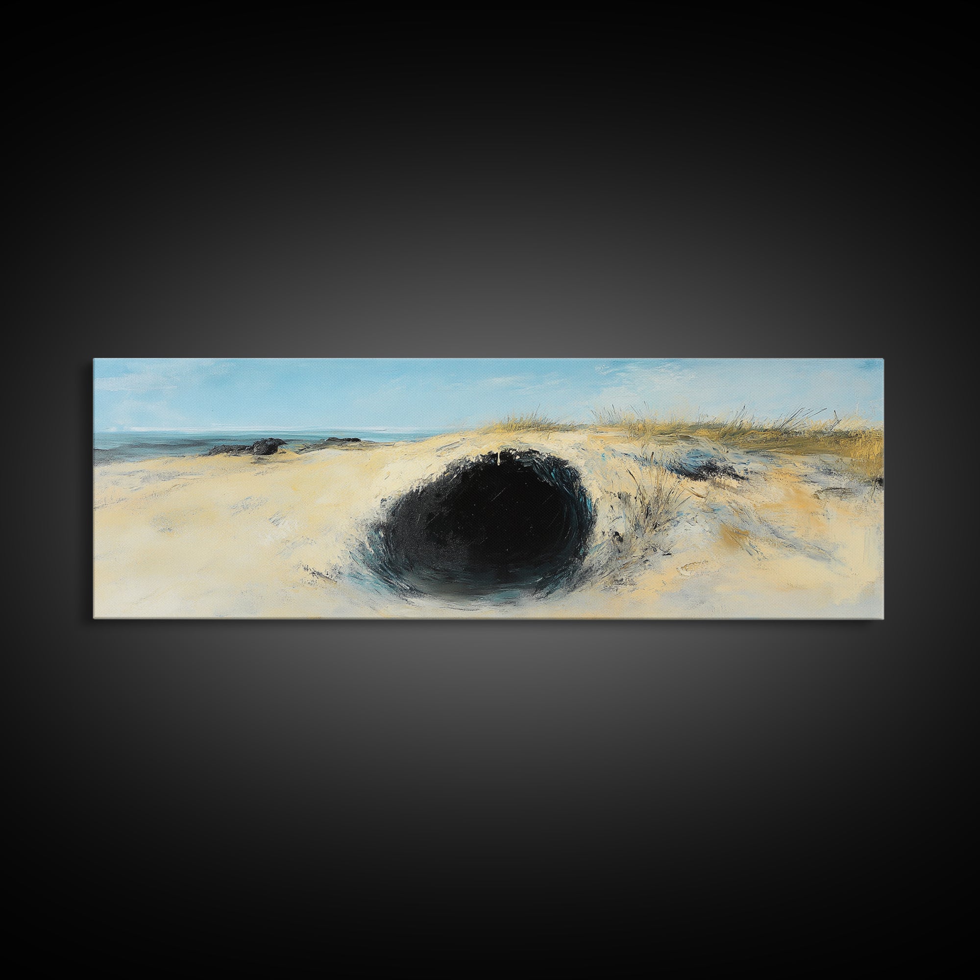 Desert Hole Mystery Framed Canvas Print - Surreal Sand Dune Painting, Minimalist Earthy Wall Art, Unique Living Space