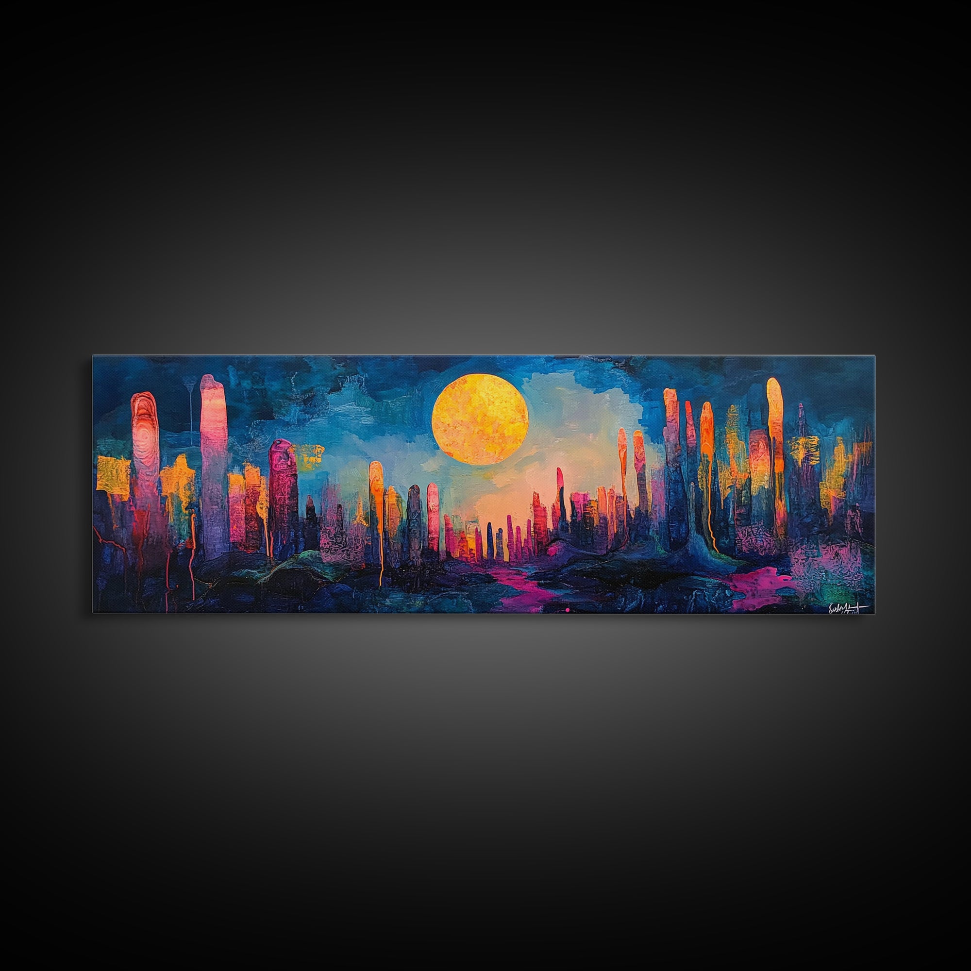 Neon Moon Fantasy Canvas Print - Vibrant Sci-Fi Cityscape Painting, Psychedelic Wall Art, Trippy Room Aesthetic, Urban Decor