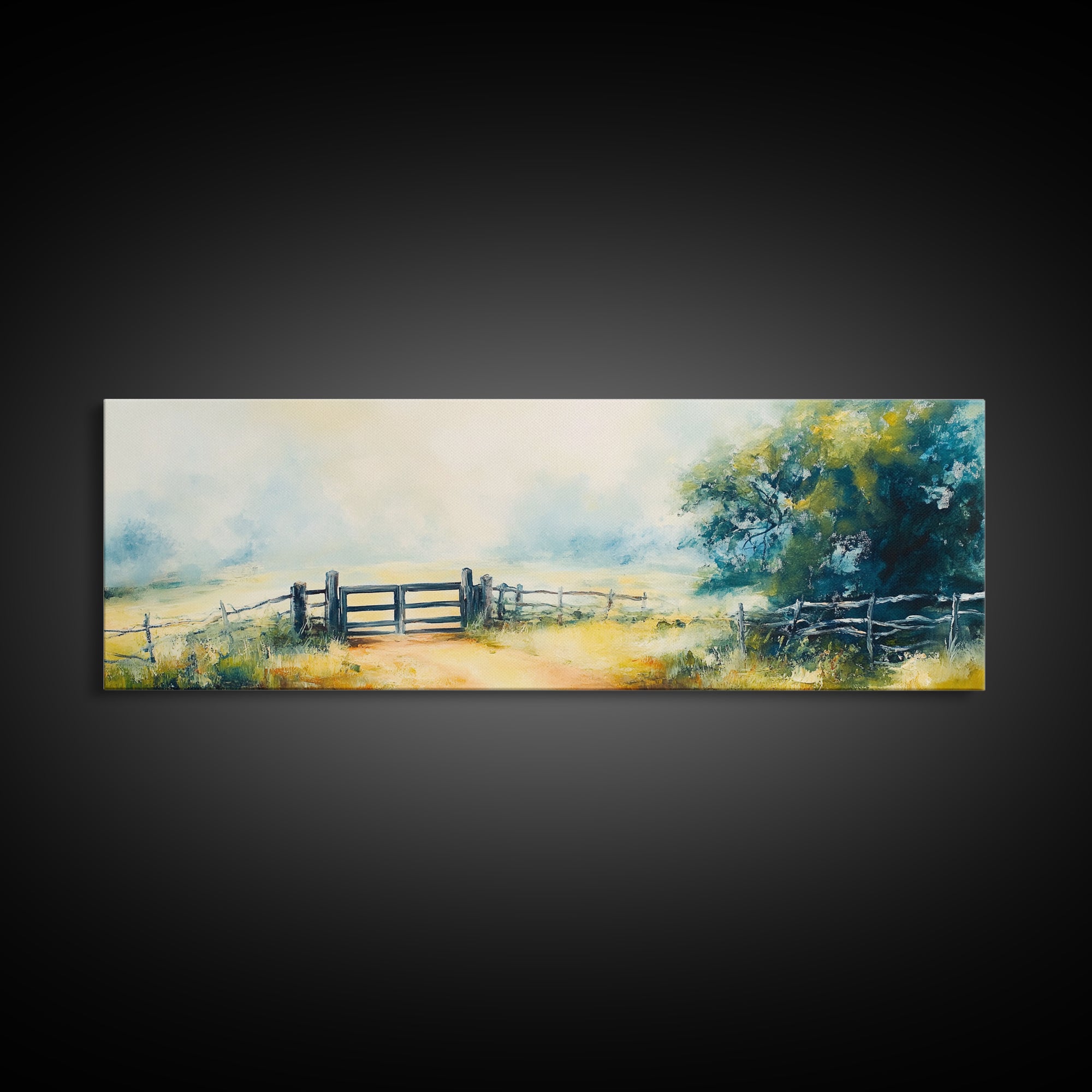 Country Gate Painting Rustic Farmhouse Landscape Art Tranquil Field Wall Decor Cozy Pastoral Artwork Entryway